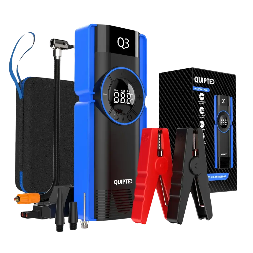 De Quipted Jumpstarter Compressor Q3 is een 6-in-1 starthulp met een piekstroom van 2500A, ontworpen voor benzine- en dieselvoertuigen tot respectievelijk 8,5 en 8,0 liter. Het apparaat bevat een compressor, powerbank, zaklamp met SOS-functie, en slimme startkabels met meerdere veiligheidsfuncties.