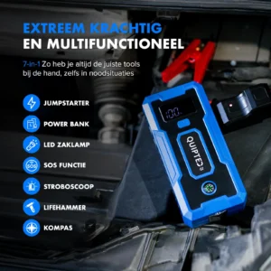 De afbeelding toont de Quipted Q2 jump starter, samen met twee startkabels. De Q2 heeft een zwart-blauw ontwerp met een digitaal display en een kompas. Er is een zwarte en een rode startkabel zichtbaar, naast de verpakking van de jump starter.