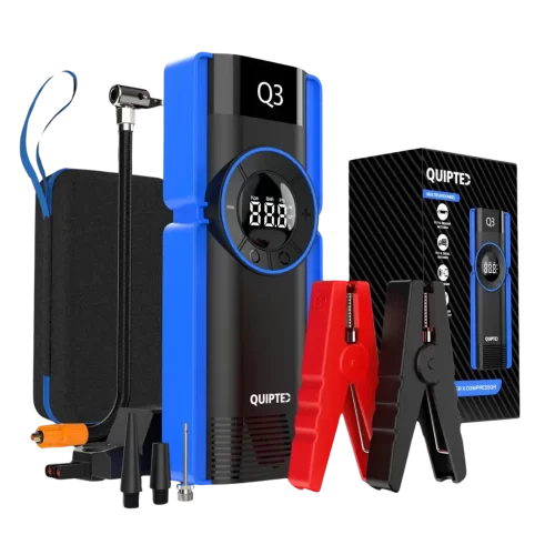 De Quipted Jumpstarter Compressor Q3 is een 6-in-1 starthulp met een piekstroom van 2500A, ontworpen voor benzine- en dieselvoertuigen tot respectievelijk 8,5 en 8,0 liter. Het apparaat bevat een compressor, powerbank, zaklamp met SOS-functie, en slimme startkabels met meerdere veiligheidsfuncties.